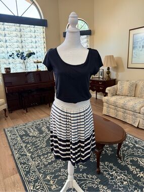 LOFT Navy and White Striped Pleated Skater Skirt